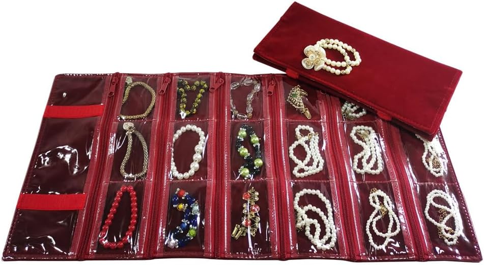 Travel Jewelry Roll Bag Portable Organizer Pouch With Grids&PVC Cover Storage Bags for Necklace, Bracelet, Bracelet,Ring, Badge, Pendant