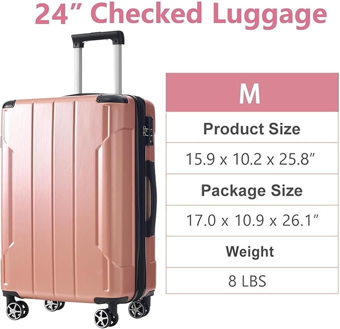 24 Inch Hardshell Luggage Lightweight Checked Luggage, Hardside ABS Suitcases with Double Wheels and TSA Lock, Medium Expandable 24-inch Carry on Luggages for Travel, Men, Women, Rose Pink