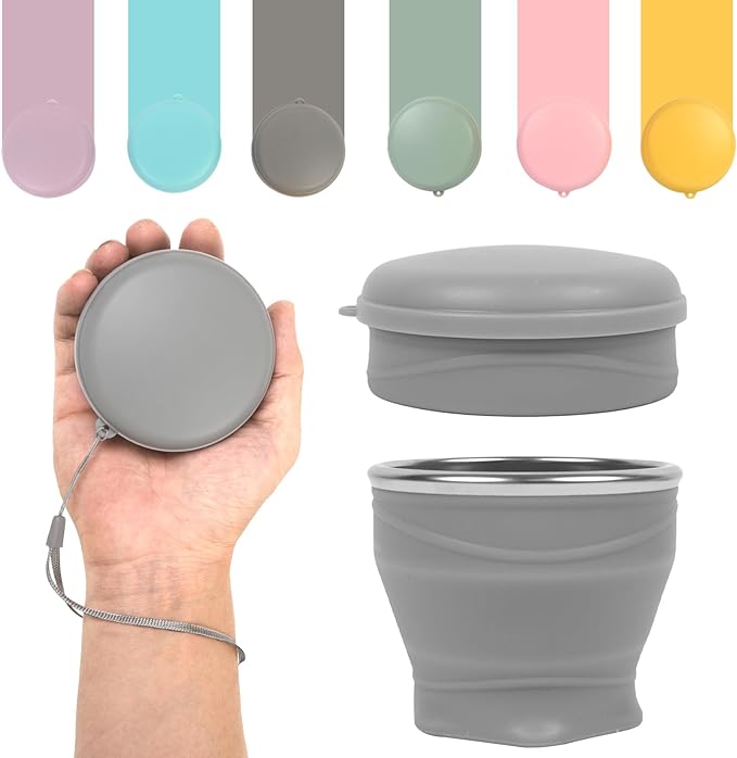 Collapsible Travel Cup with Lid (6oz/180ml) - BPA Free Silicone Folding Cup with Stainless Steel Rim - Portable Pocket Size Drinking Cup for Mouthwash, Pills, Hiking, Camping & Kids(Gray)