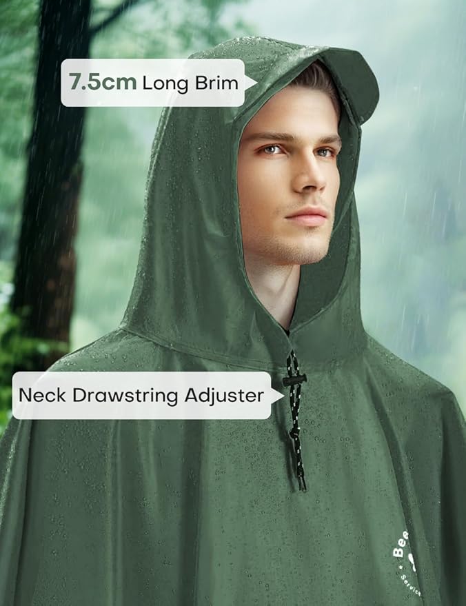 Hooded Rain Poncho for Adult, TPU IP8000mm Waterproof Coating, Reusable Unisex Rain Poncho for Hiking Travelling