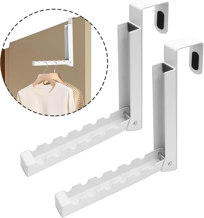 Uenhoy 2 Pack Foldable Over The Door Hanger Hooks for Clothes, Collapsible Folding Over The Door Drying Rack for Laundry Dorm Bedroom, Portable Clothing Coat Rack Overdoor Hanger, White