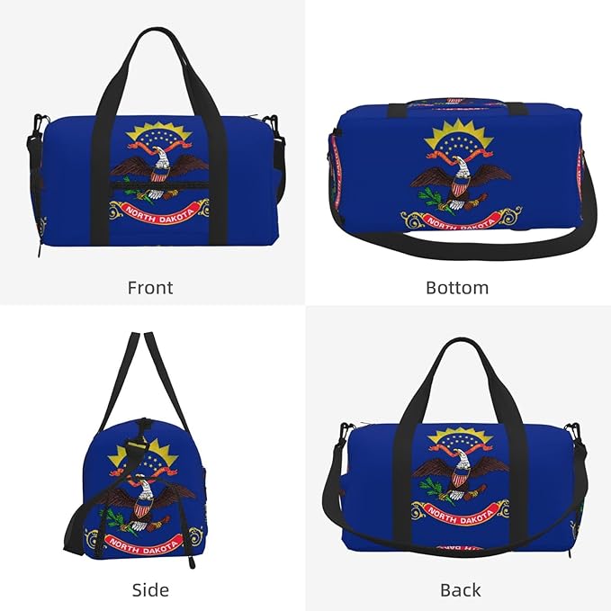 North Dakota State Flag Print Gym Bag with Shoe Compartment for Women Men, 17.7in Sports Duffle Weekender Tote, Overnight Travel Duffel Bag Carry On