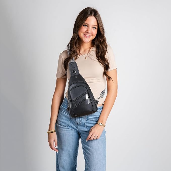 7L Crossboydy Sling Bag for Women Vegan Leather Crossbody Purse Fanny Pack Chest Bag for Travel,Black