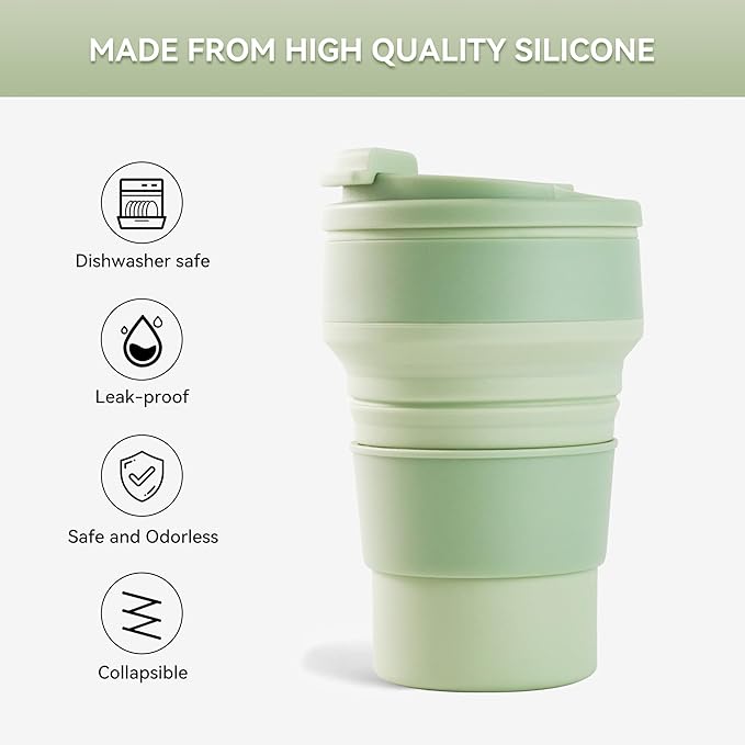 2Pcs Collapsible Cup for Traveling, Collapsible Silicone Travel Cup for Hot and 2 Drinks, Leak Proof Silicone Folding Travel Coffee Mug for Camping & Hiking, BPA Free 12oz Green