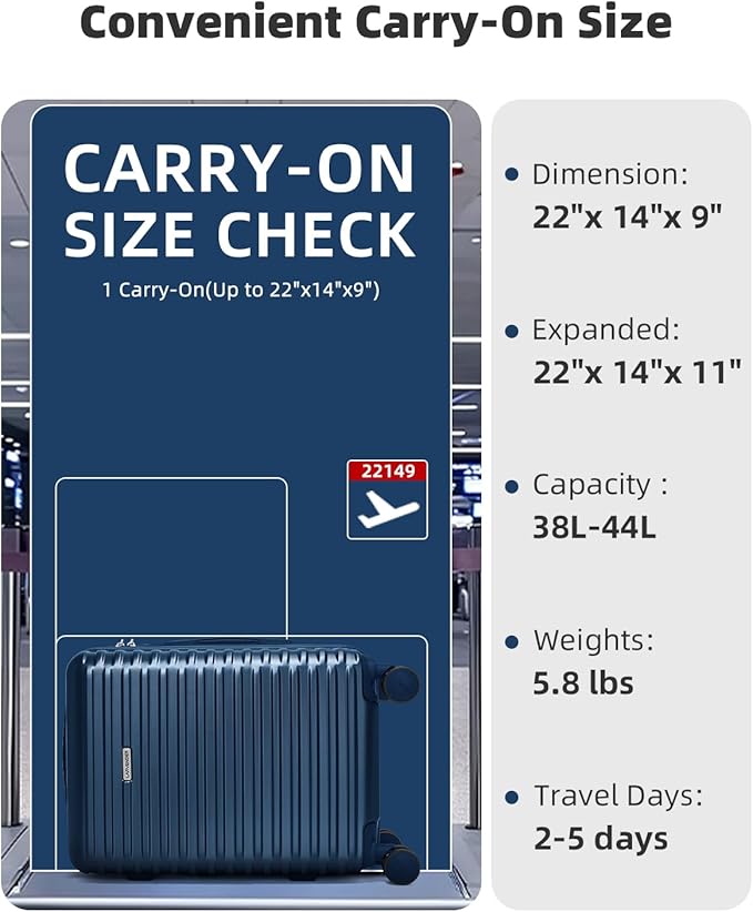 LARVENDER Carry on Luggage 22x14x9 Airline Approved, 20 Inch Hardside Suitcase with Wheels TSA Lock, PC+ABS Lightweight Carry on Suitcases for Women and Men, Dark Blue