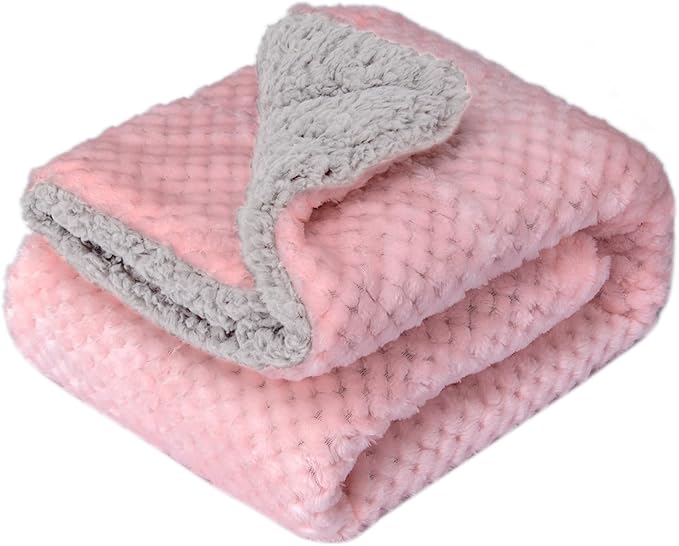 Fuzzy Sherpa Reversible Blanket for Baby, Soft Warm Cozy Coral Fleece Toddler, Infant or Newborn Reversible Blanket for Crib, Stroller, Travel, 30”×40”, Baby Pink