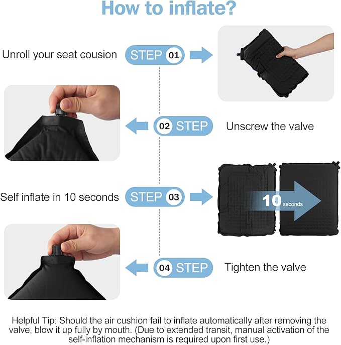 Self-Inflating Airplane Seat Cushion for Long Flights – Portable Travel Cushion Airplane Seat - Memory Foam Travel Seat Cushion Providing Pressure Relief (Black, 18.5" x 15" x 2.2")