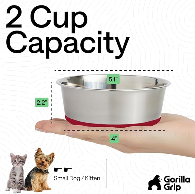 GORILLA GRIP Dog Bowls, Heavy Duty 304 Stainless Steel, Holds 2 Cups Each (16 fl oz) Food and Water Bowl for Feeding Dogs and Cats, Dishwasher Safe, Rust Resistant, BPA Free Rubber Base Set of 2 Red