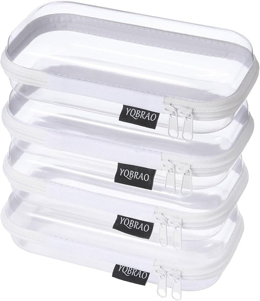 4 Pack Clear Hard Shell Zipper Case, See-Through Hard Plastic Organizer Pouches with Zipper for Travel, Toiletries, Makeup, Electronics & Pencils - Crush-Resistant Storage (S White)