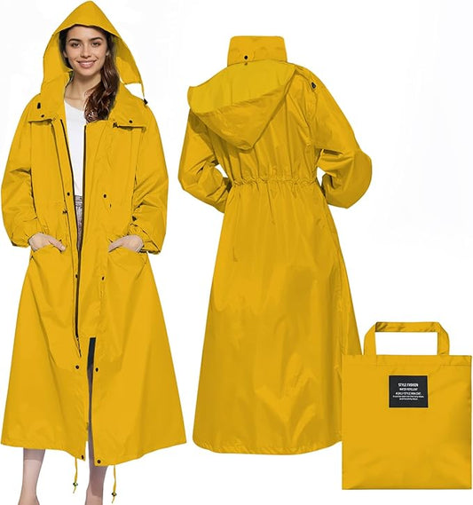 LAMA Womens Long Raincoats Rain Jacket Waterproof Packable Hooded Windbreaker Lightweight Adjustable Waist for Outdoor