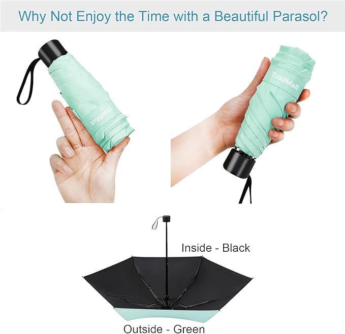 TradMall Mini Travel Umbrella, Portable Lightweight Compact Parasol with 95% UV Protection for Sun & Rain