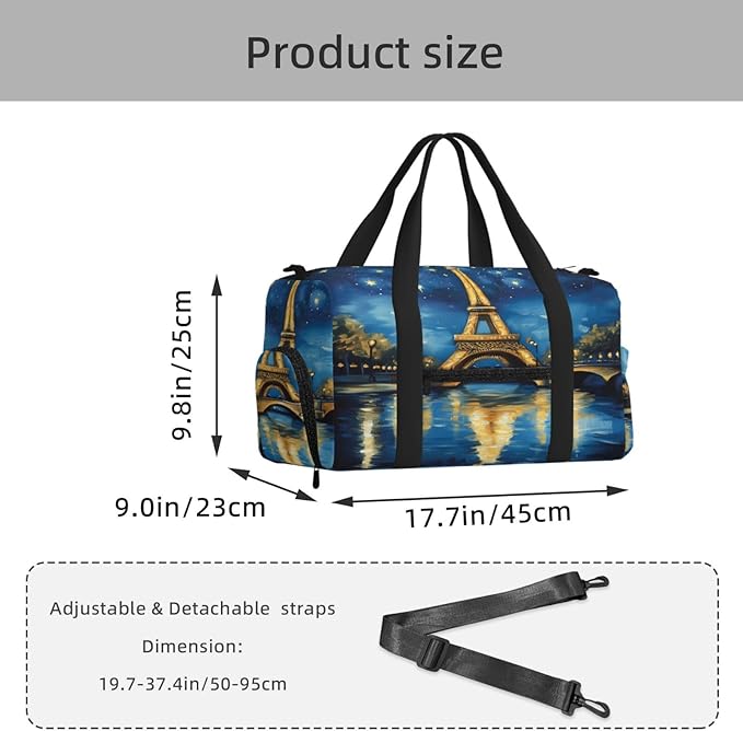 Sports Gym Bag Paris Eiffel Tower Starry Night Travel Duffel Bag With Shoe Compartment Shoulder Strap, Lightweight Water-Resistant Weekend Overnight Totes For Women Men