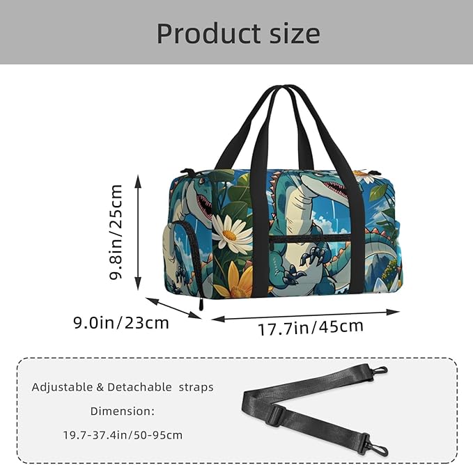 Cute Dinosaur Print Gym Bag with Shoe Compartment for Women Men, 17.7in Sports Duffle Weekender Tote, Overnight Travel Duffel Bag Carry On