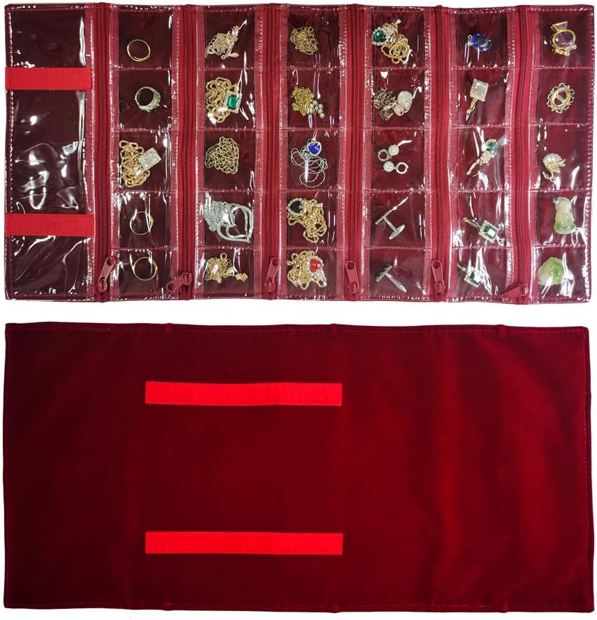 Travel Jewelry Roll Bag Portable Organizer Pouch With Grids&PVC Cover Storage Bags for Necklace, Bracelet, Bracelet,Ring, Badge, Pendant