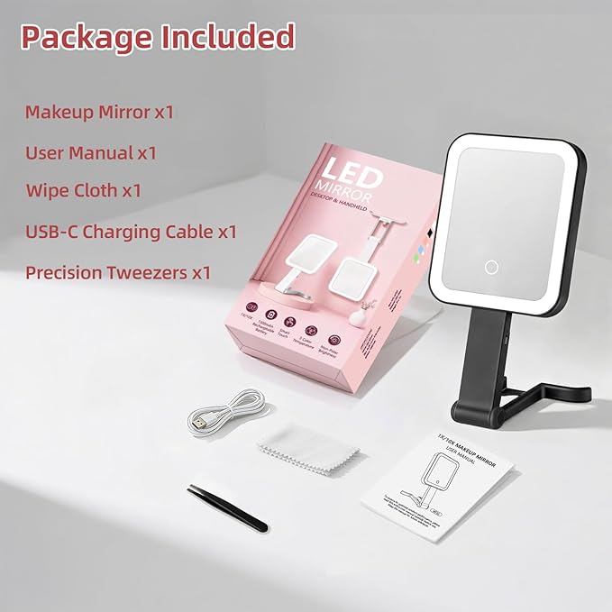 Travel Makeup Mirror with Lights, 1500mAh Rechargeable, Double-Sided 10X/1X Magnification, 3 Color Lighting, Smart Touch Dimming, Precision Tweezers, Lighted Mirror for Desk, Trip, Home, Office, Black