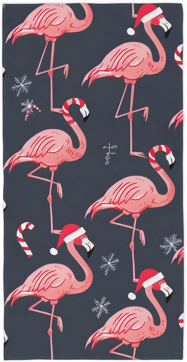 Christmas Hat Flamingo Candy Beach Towel, Large Microfiber Quick Dry Lightweight Pool Bath Towels Sand Free Beach Blanket for Summer Cruise Yoga Camping Travel Vacation Essentials 31 x 61 in
