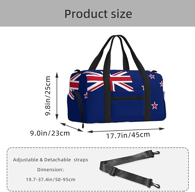 New Zealand Flag Print Gym Bag with Shoe Compartment for Women Men, 17.7in Sports Duffle Weekender Tote, Overnight Travel Duffel Bag Carry On