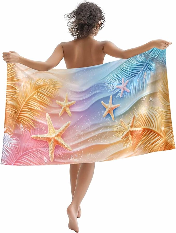 Summer Palm Leaves Beach Towel 35" x 71" Ocean Starfish Quick Dry Sand Free Pool Towels Dreamy Gradient Soft & Absorbent Compact Towels Beach Accessories for Travel Bathroom Swimming Pool