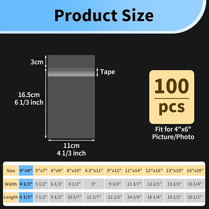 100 Pack 4x6 Photo Sleeves - Acid Free 1.57 mil (Single Side) Thick Heavy Duty Clear Plastic Bags Self Adhesive Crystal Clear Plastic Sleeves for Paper Cardstock Photo Prints 4x6