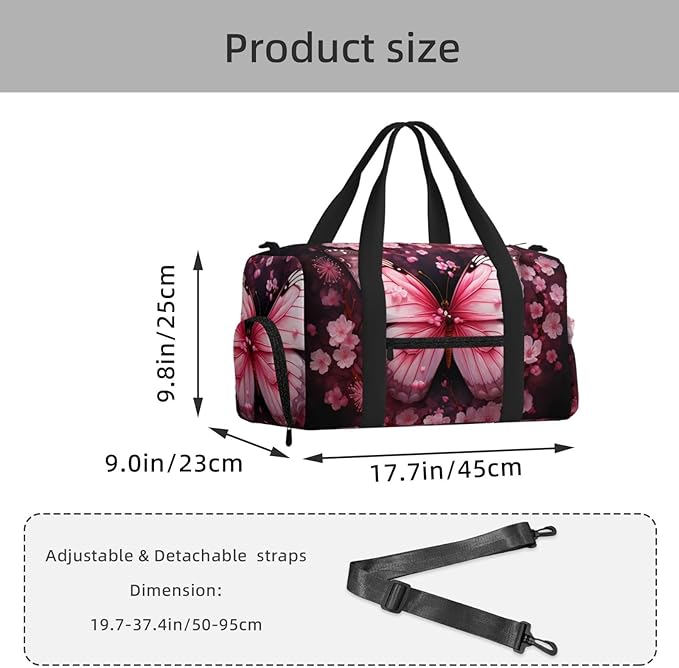 Sports Gym Bag Pink Cherry Blossom Floral Butterfly Travel Duffel Bag With Shoe Compartment Shoulder Strap, Lightweight Water-Resistant Weekend Overnight Totes For Women Men