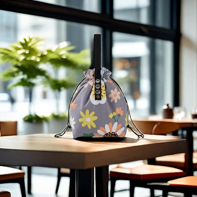 Reusable Drawstring Lunch Bag,Insulated Handbag Tote bag with Handle,Lunch Sackand Drawstring Closure for Women Work Picnic or Travel (Sunflower)