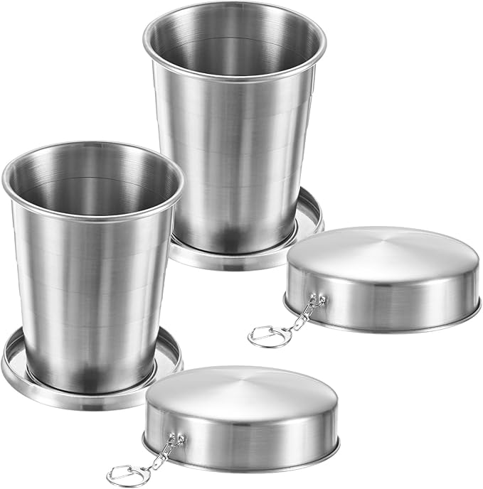 2 Pack Stainless Steel Collapsible Travel Cup, 15oz(450ml) Reusable Collapsible Metal Cup Portable Foldable Water Bottle with Lid and Keychain for Travel/Camping/Hiking