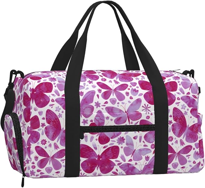 Butterfly Watercolor Magenta Pink Women'S Gym Duffle Bag With Shoes Compartment, Ideal For Travel, Gym, Sports, Duffel, Weekender