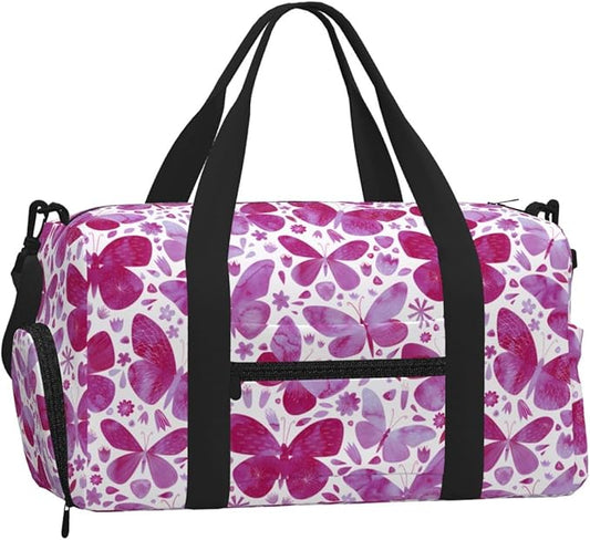 Butterfly Watercolor Magenta Pink Women'S Gym Duffle Bag With Shoes Compartment, Ideal For Travel, Gym, Sports, Duffel, Weekender