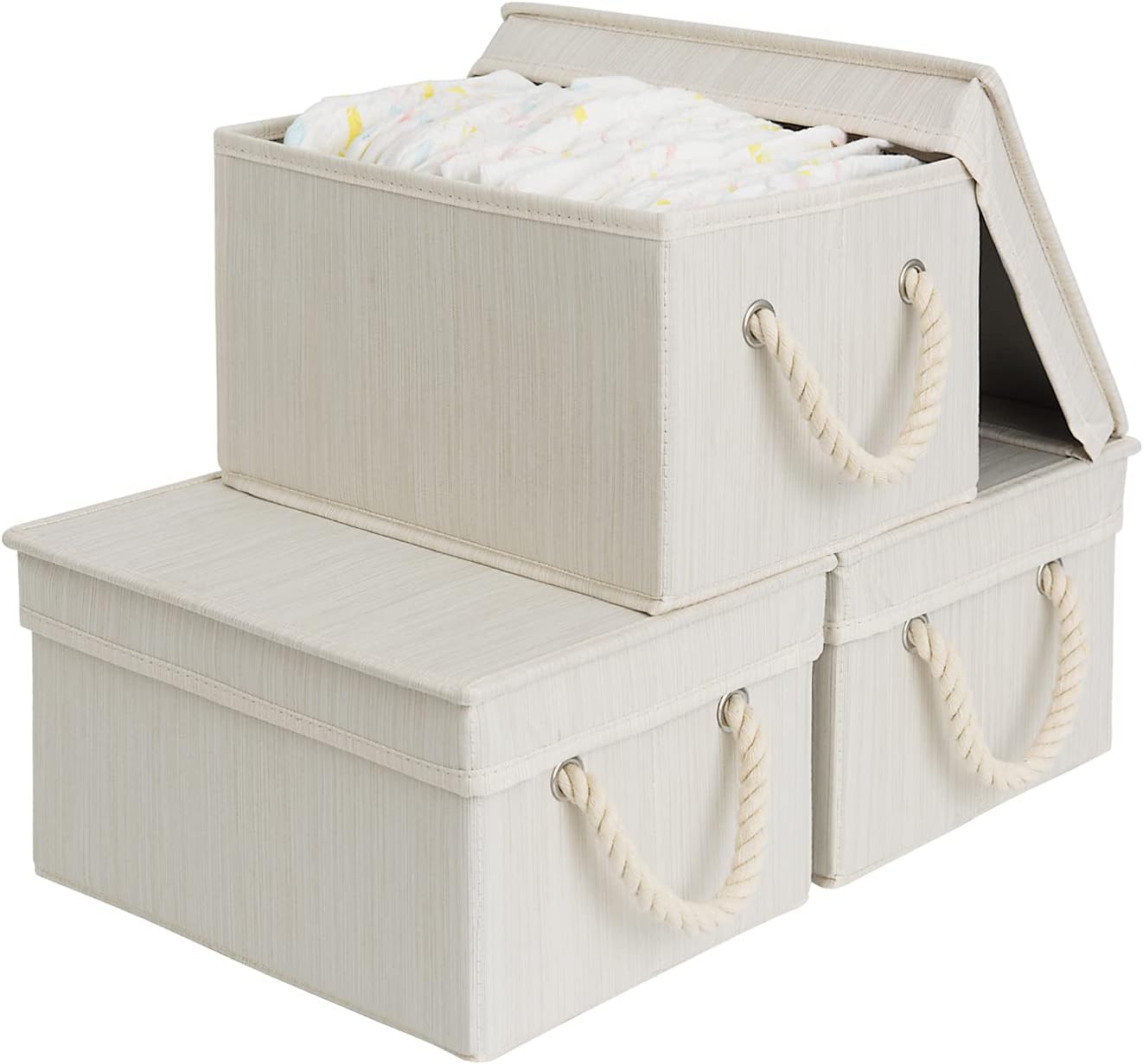 StorageWorks Storage Bins with Lids, Decorative Storage Boxes with Lid and Soft Rope Handles, Foldable Storage Baskets for Closet, Shelves, Stackable, 3-Pack, Ivory and White, Medium