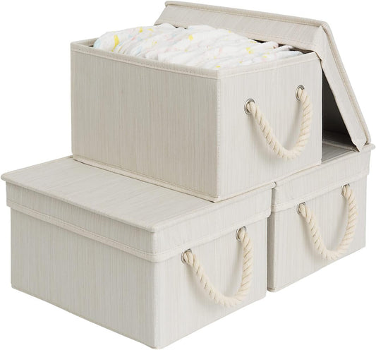 StorageWorks Storage Bins with Lids, Decorative Storage Boxes with Lid and Soft Rope Handles, Foldable Storage Baskets for Closet, Shelves, Stackable, 3-Pack, Ivory and White, Medium