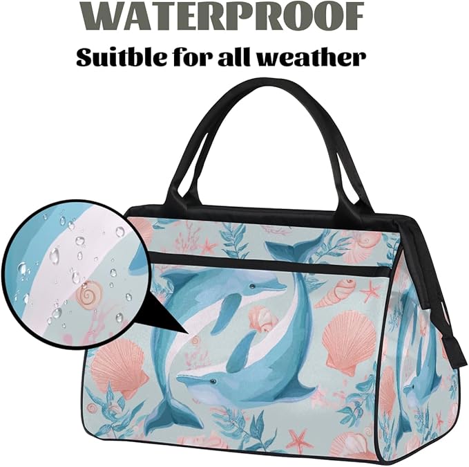 Travel Duffel Bag, Dolphin Shell Ocean Waterproof Sports Gym Duffle Bag, Large Capacity Weekender Carry On Overnight Bags for Women Men