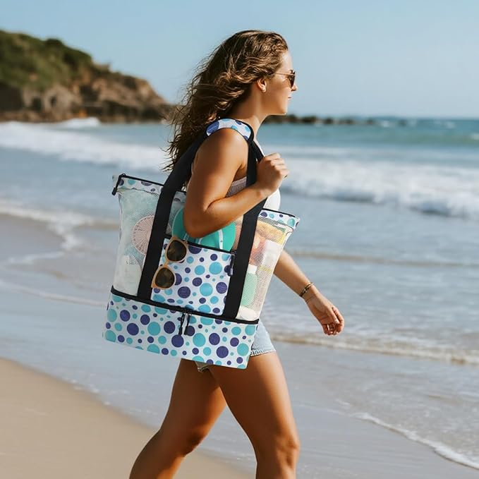 ASL Mesh Beach Bag with Cooler Compartment for Women, 2-in-1 Print Travel Tote 30L with Zipper and Pockets, Pool Picnic