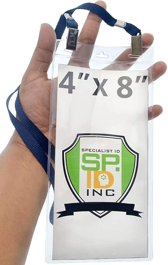 Bulk 25 Pack - 4 x 8 Inch Extra Large Ticket & Event Credential Badge Holders with Double Sided Lanyards with Two Bulldog Clips, by Specialist ID (Navy)