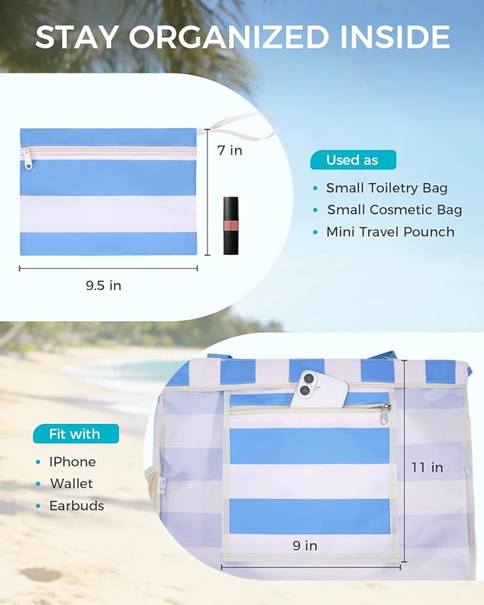 WANDF Beach Bags for Women, Large Waterproof Sandproof Beach Tote Bag with Zipper Family Pool Bags with 40oz Tumbler Pocket, Swim Cruise Vacation Essentials (Blue) | 40oz Tumbler Pocket
