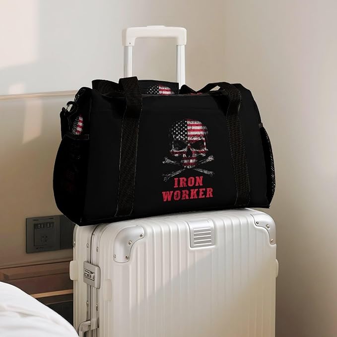 Skull Iron Worker U.S.A Flag Duffle Bag Gym Bag for Workout Travel Tote with Detachable Straps