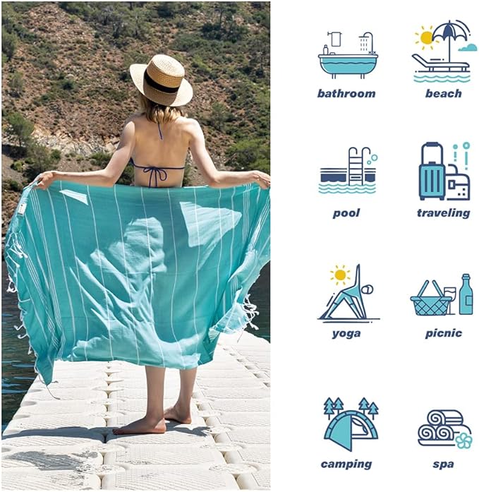 Hencely Turkish Beach Towel 37x68 Oversized, Sand-Free, Quick-Dry, Lightweight - Travel Essential for Pool & Bath - Striped 100% Cotton Bathroom Towels Accessories Gift (Mint Green)