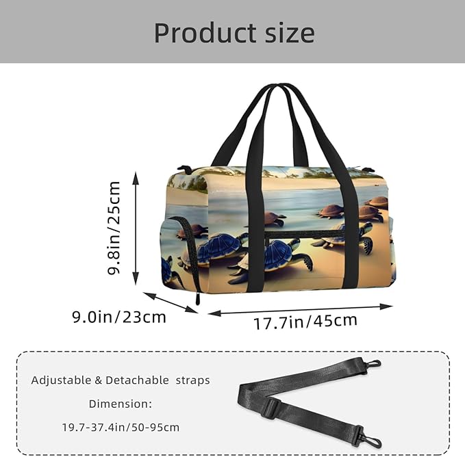 turtles on the beach Print Gym Bag with Shoe Compartment for Women Men, 17.7in Sports Duffle Weekender Tote, Overnight Travel Duffel Bag Carry On