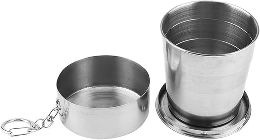 Stainless Steel Collapsible Cup, Folding Camping Cup Portable Shot Glass Foldable Drinking Cup Drinkware with Lid and Keychain for Outdoor Travel Picnic Fishing Hiking Cycling Water, 250ml
