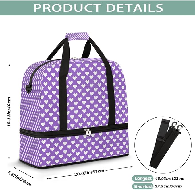 Purple White Love Heart Large Weekender Bag with Shoe Compartment Travel Duffel Bags for Women Carry On Hospital Overnight Bag Foldable Personal Item Travel Bags Tote Gym Sports Airplanes