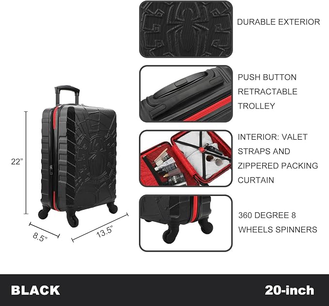 Bioworld Marvel Spider-Man Spider Logo Black 22" 4-Wheel Rolling Luggage
