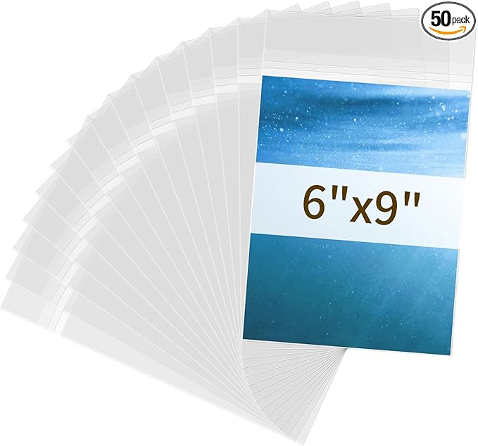 50 Pack Cellophane Bags 6x9 - Acid Free 1.57 mil (Single Side) Thick Heavy Duty Poly Bags 6x9 Self Adhesive Clear Paper Sleeves Protector Clear Plastic Sleeves for Photo Paper Cardstock