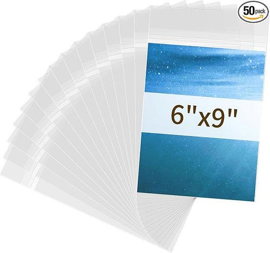 50 Pack Cellophane Bags 6x9 - Acid Free 1.57 mil (Single Side) Thick Heavy Duty Poly Bags 6x9 Self Adhesive Clear Paper Sleeves Protector Clear Plastic Sleeves for Photo Paper Cardstock