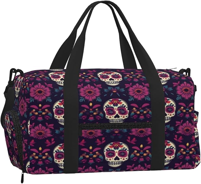 Sports Gym Bag Mexican Sugar Skulls Ethnic Flower Travel Duffel Bag With Shoe Compartment Shoulder Strap, Lightweight Water-Resistant Weekend Overnight Totes For Women Men