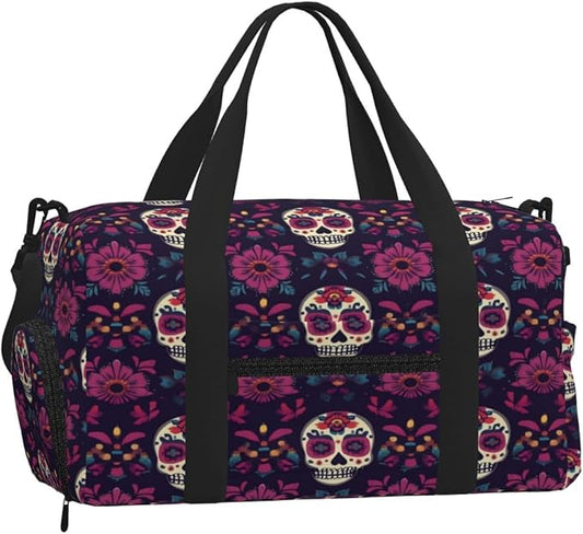 Sports Gym Bag Mexican Sugar Skulls Ethnic Flower Travel Duffel Bag With Shoe Compartment Shoulder Strap, Lightweight Water-Resistant Weekend Overnight Totes For Women Men
