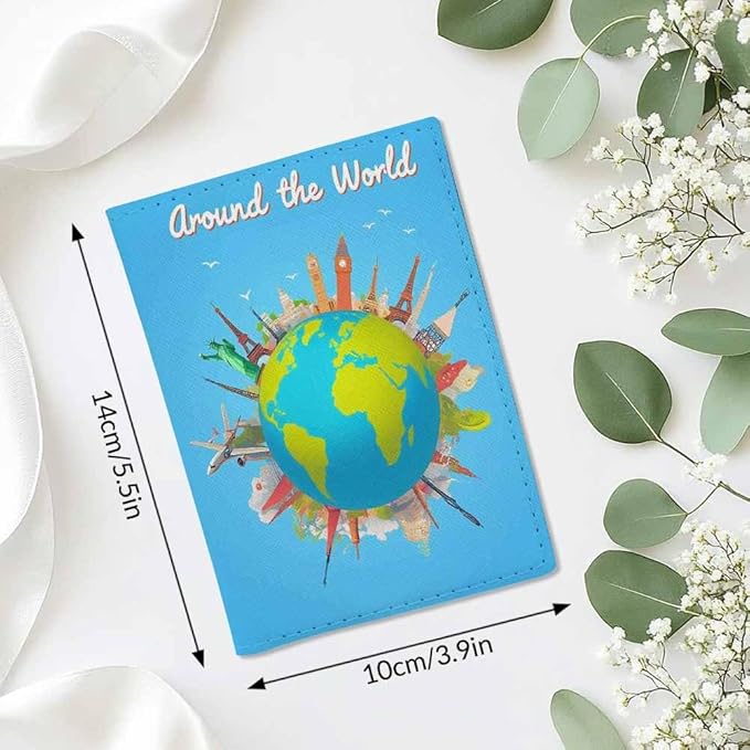 Travel to World Passport Holder for Travel Road Trip Landmarks on the Globe PU Leather Passport Cover Wallet Cute Passport Card Holder for Women and Men