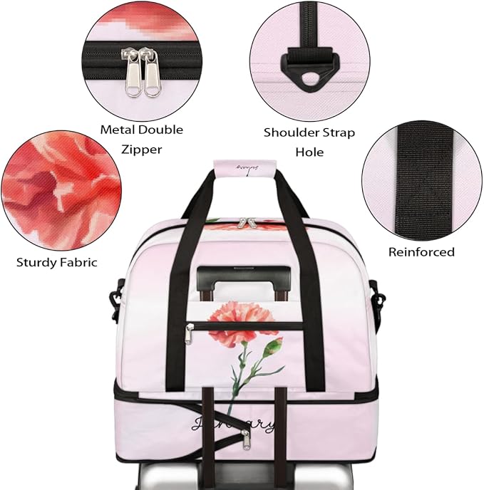 Pink Flowers Text Large Weekender Bag with Shoe Compartment Travel Duffel Bags for Women Carry On Hospital Overnight Bag Foldable Personal Item Travel Bags Tote Gym Sports Airplanes