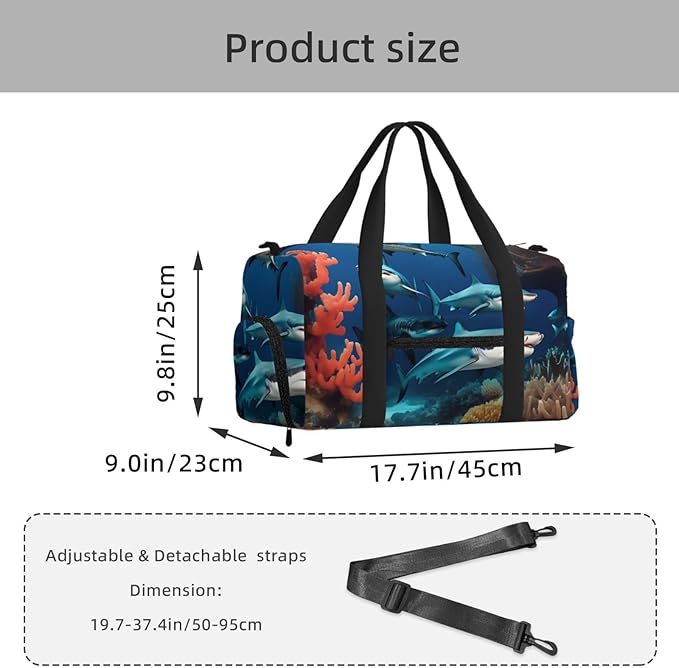 Submarine shark coral Print Gym Bag with Shoe Compartment for Women Men, 17.7in Sports Duffle Weekender Tote, Overnight Travel Duffel Bag Carry On
