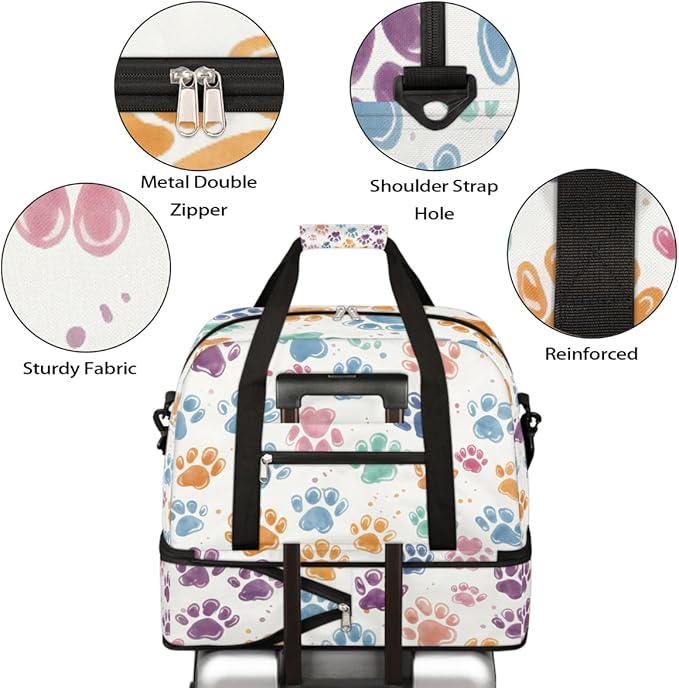 Foldable Travel Duffel Bag for Women - Carry on Personal Item Bag with Shoes Compartment, Weekender Overnight Duffle Bags Sport Tote Gym Luggage for Airplanes Traveling(Dog Paws)