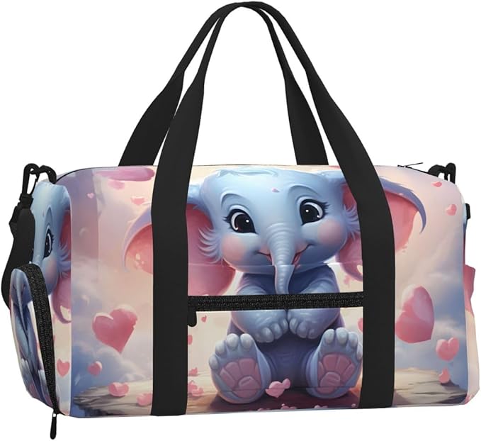 Sports Gym Bag Cartoon Elephant Travel Duffel Bag With Shoe Compartment Shoulder Strap, Lightweight Water-Resistant Weekend Overnight Totes For Women Men