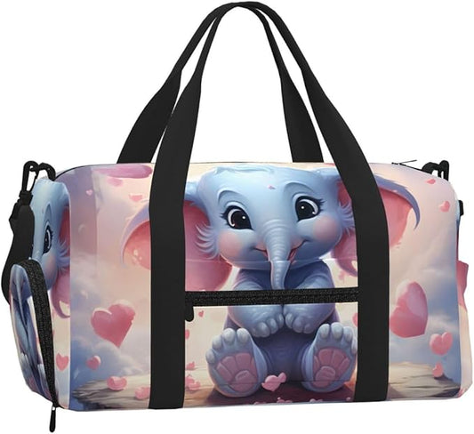 Sports Gym Bag Cartoon Elephant Travel Duffel Bag With Shoe Compartment Shoulder Strap, Lightweight Water-Resistant Weekend Overnight Totes For Women Men